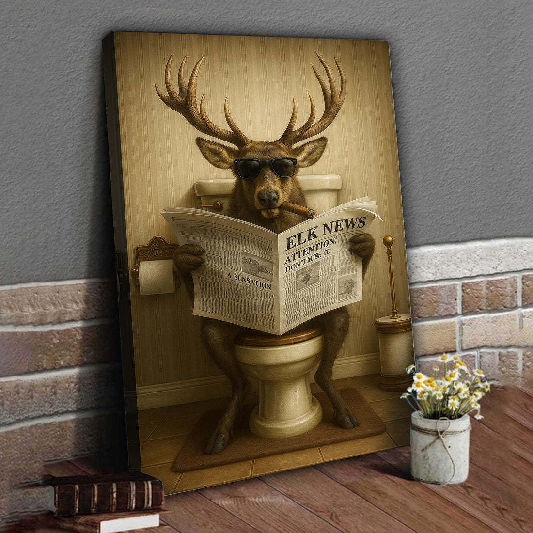 Funny Elk Bathroom Wall Art – Hunting Lodge Decor for Men - Wildlife Animal Poster
