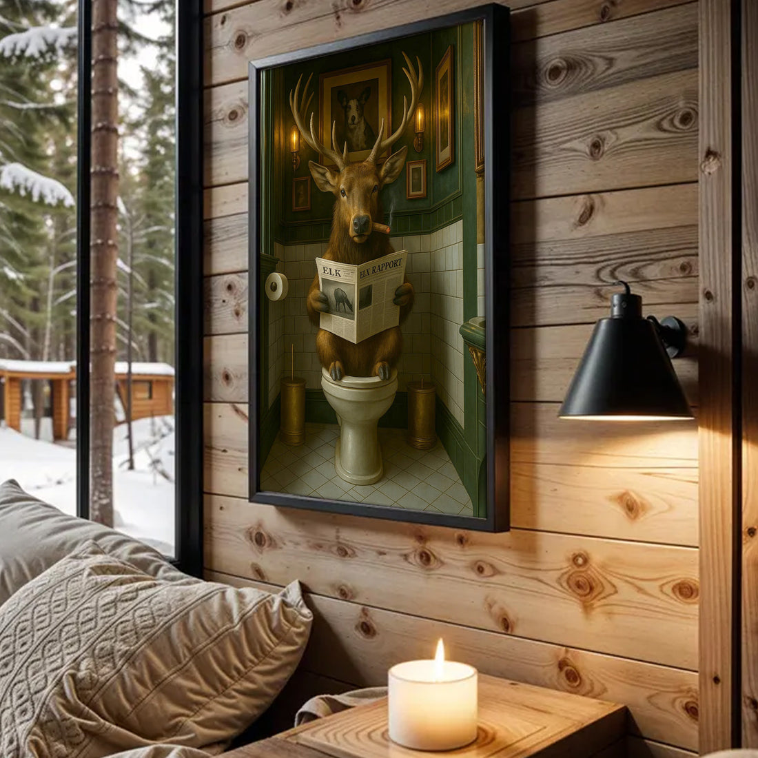 Funny Elk Bathroom Canvas – Smoking-Smoking Deer Reading Newspaper on Toilet