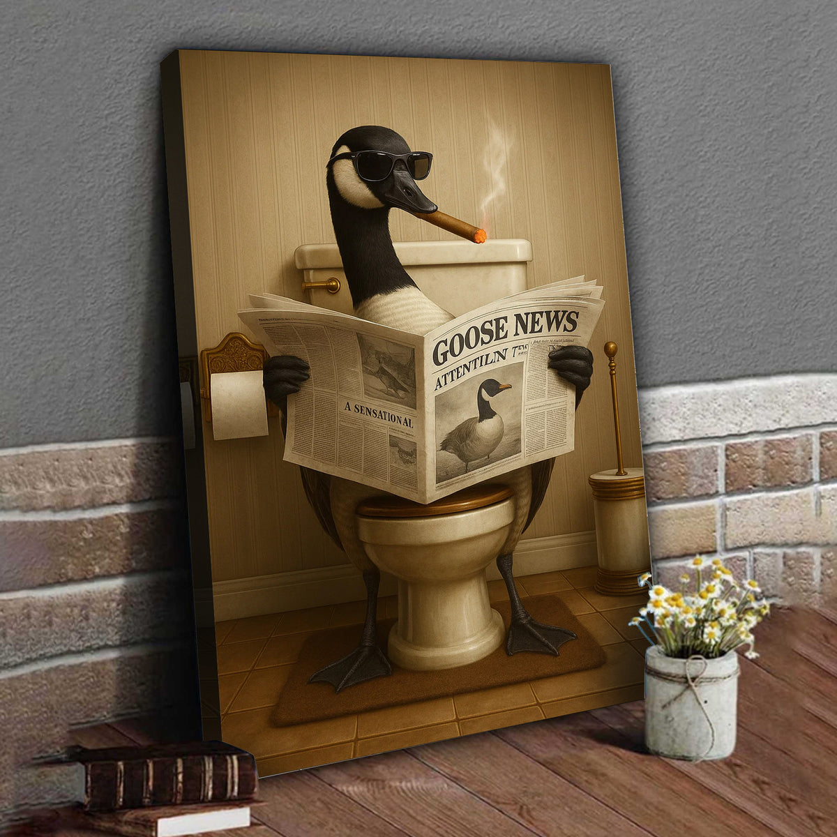 Funny Goose Read Newspaper Bathroom Canvas Wall Art – Hunting Wildlife Animal Canvas