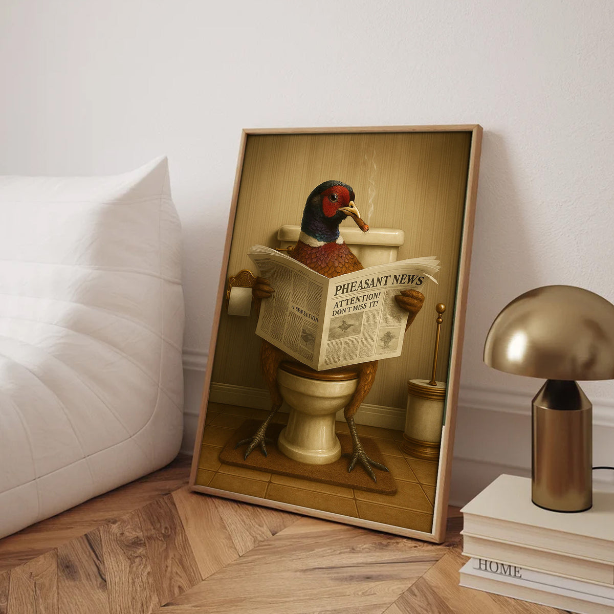 Pheasant Reading News Smoking Bathroom Wall Art – Rustic Decor for Men, Hilarious Gift for Hunter