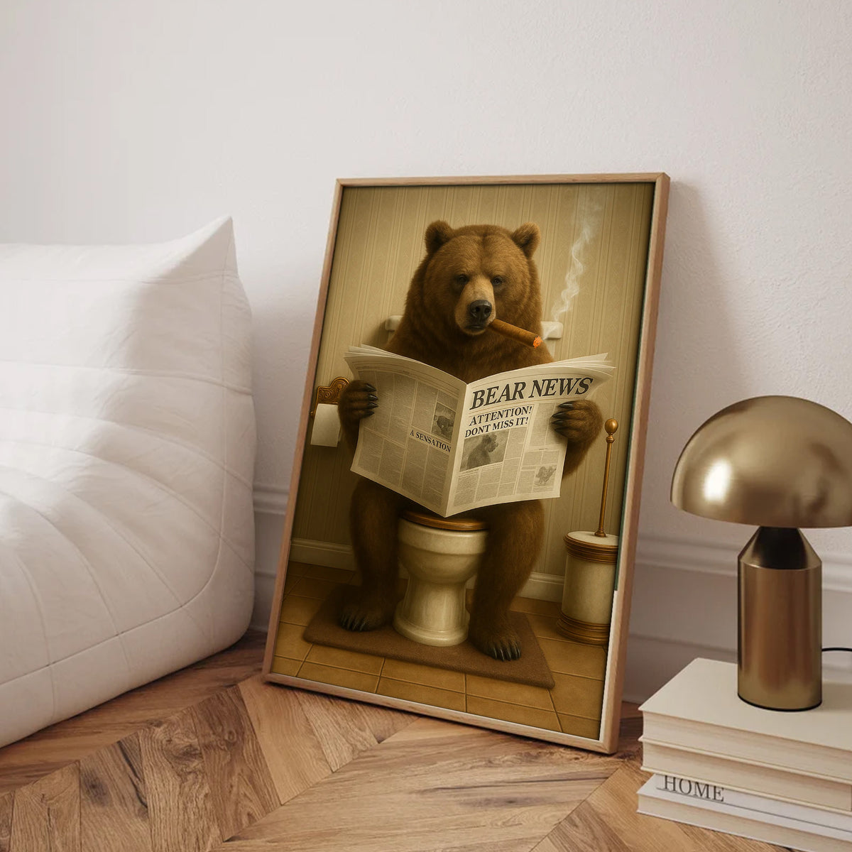 Grizzly Bear Bathroom Canvas – Funny Cabin Decor with Bear Hunting on Toilet Reading Newspaper