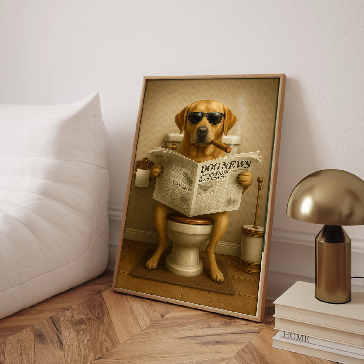 Funny Labrador Bathroom Poster Canvas – Dog on Toilet Reading Newspaper