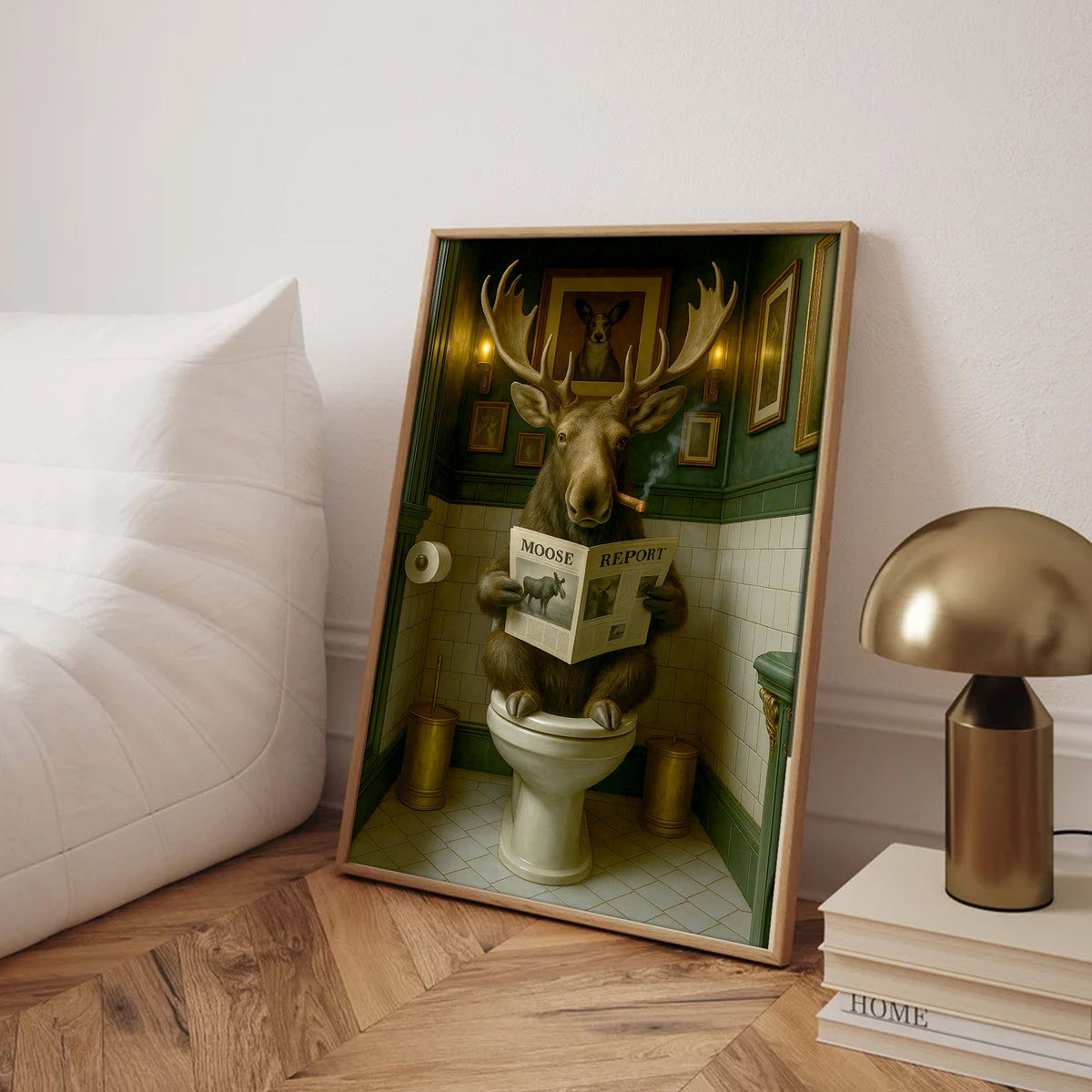 Funny Moose Bathroom Poster Canvas – Rustic Lodge Wall Art with Moose Reading ‘Moose Report’