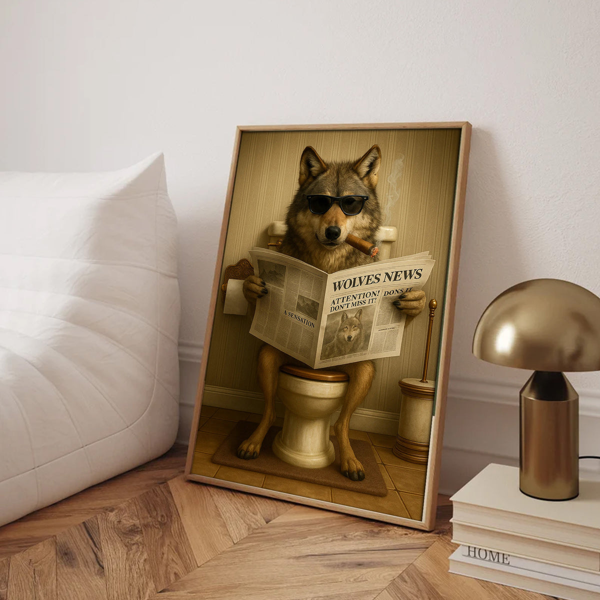 Funny Wolves News Poster Canvas – Hilarious Bathroom Scene with Cool Wolf on Toilet