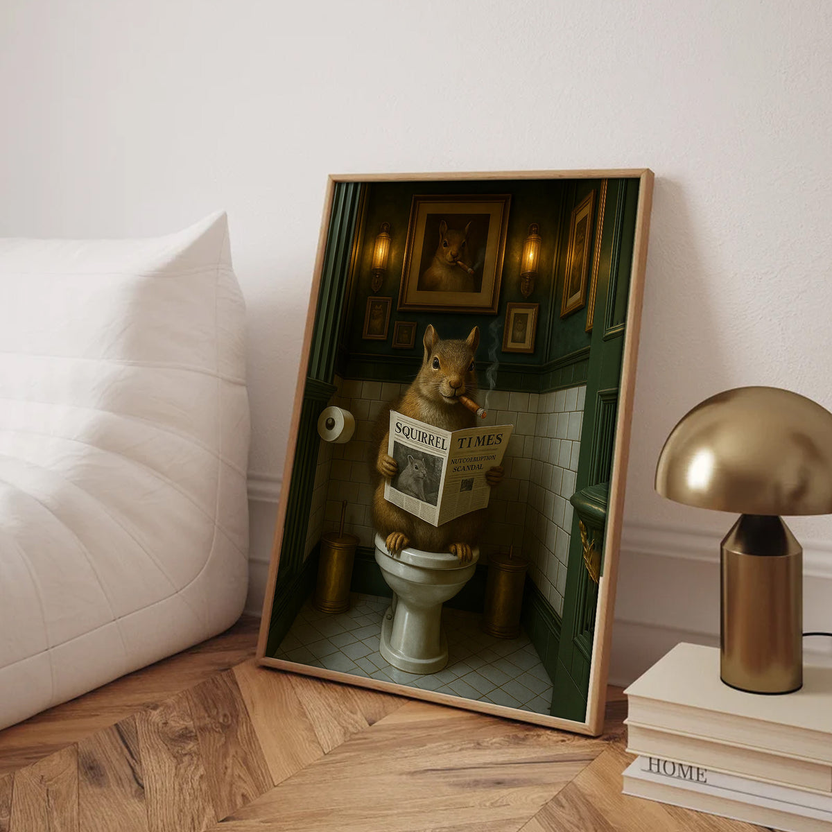 Funny Squirrel on Toilet Poster Canvas – Hilarious Wildlife Bathroom Scene - Lodge Humor Canvas