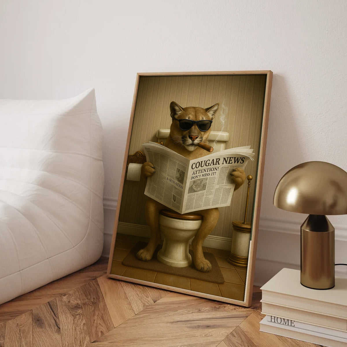 Funny Cougar Bathroom Canvas – Mountain Lion on Toilet Reading Newspaper - Rustic Cabin Decor