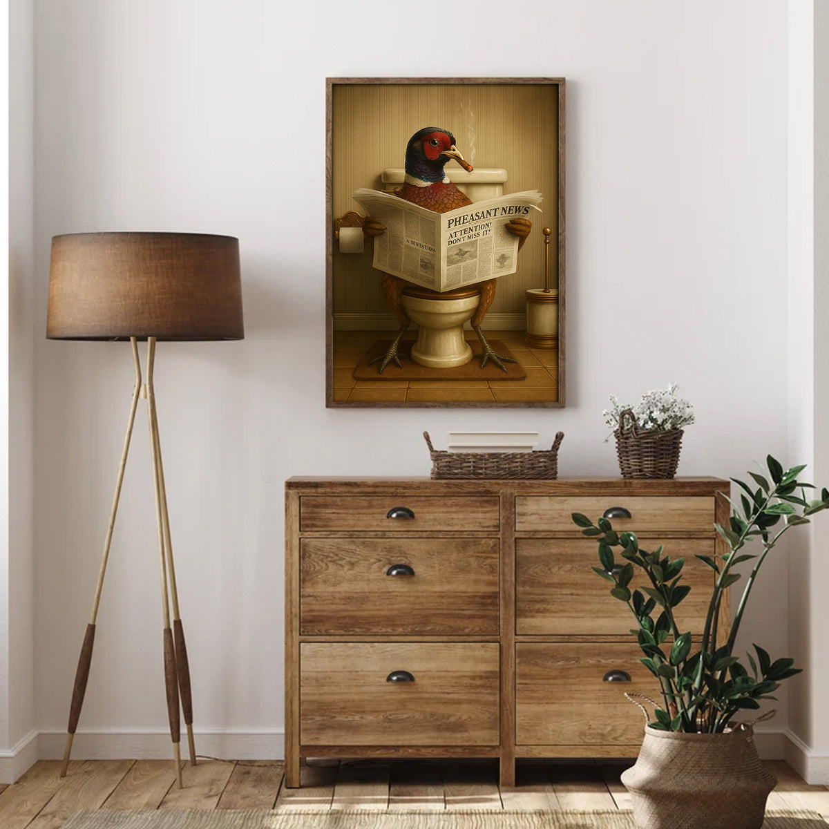 Pheasant Reading News Smoking Bathroom Wall Art – Rustic Decor for Men, Hilarious Gift for Hunter