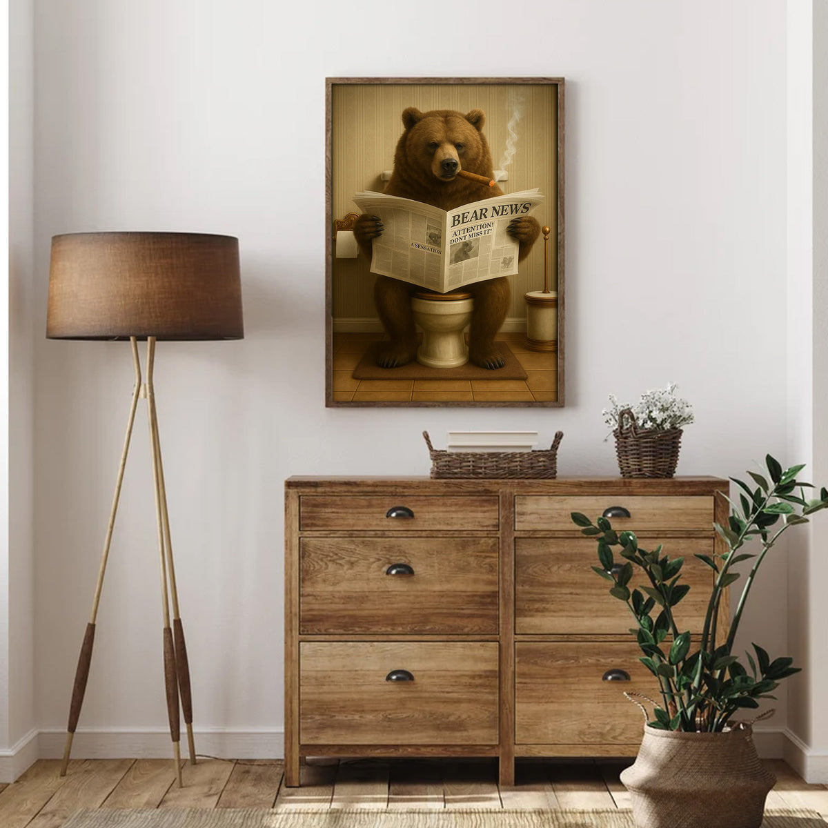Grizzly Bear Bathroom Canvas – Funny Cabin Decor with Bear Hunting on Toilet Reading Newspaper