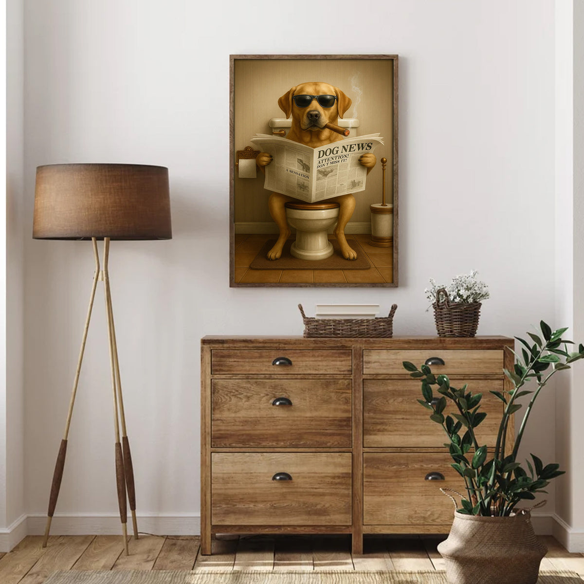 Funny Labrador Bathroom Poster Canvas – Dog on Toilet Reading Newspaper