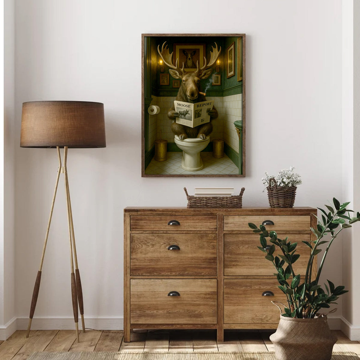 Funny Moose Bathroom Poster Canvas – Rustic Lodge Wall Art with Moose Reading ‘Moose Report’