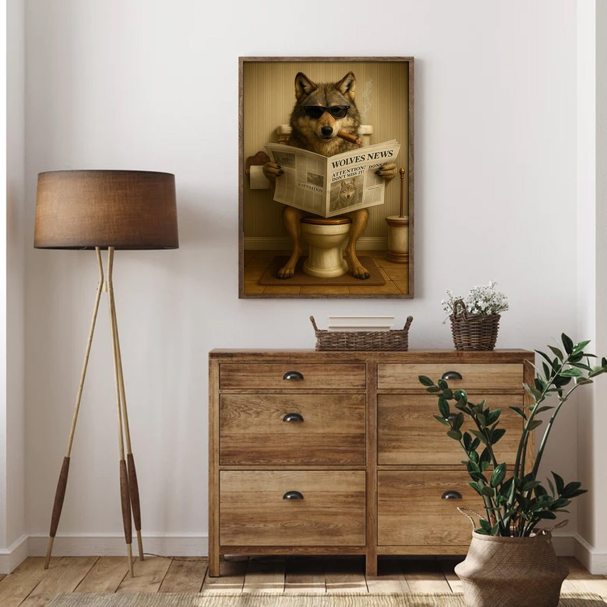 Funny Wolves News Poster Canvas – Hilarious Bathroom Scene with Cool Wolf on Toilet