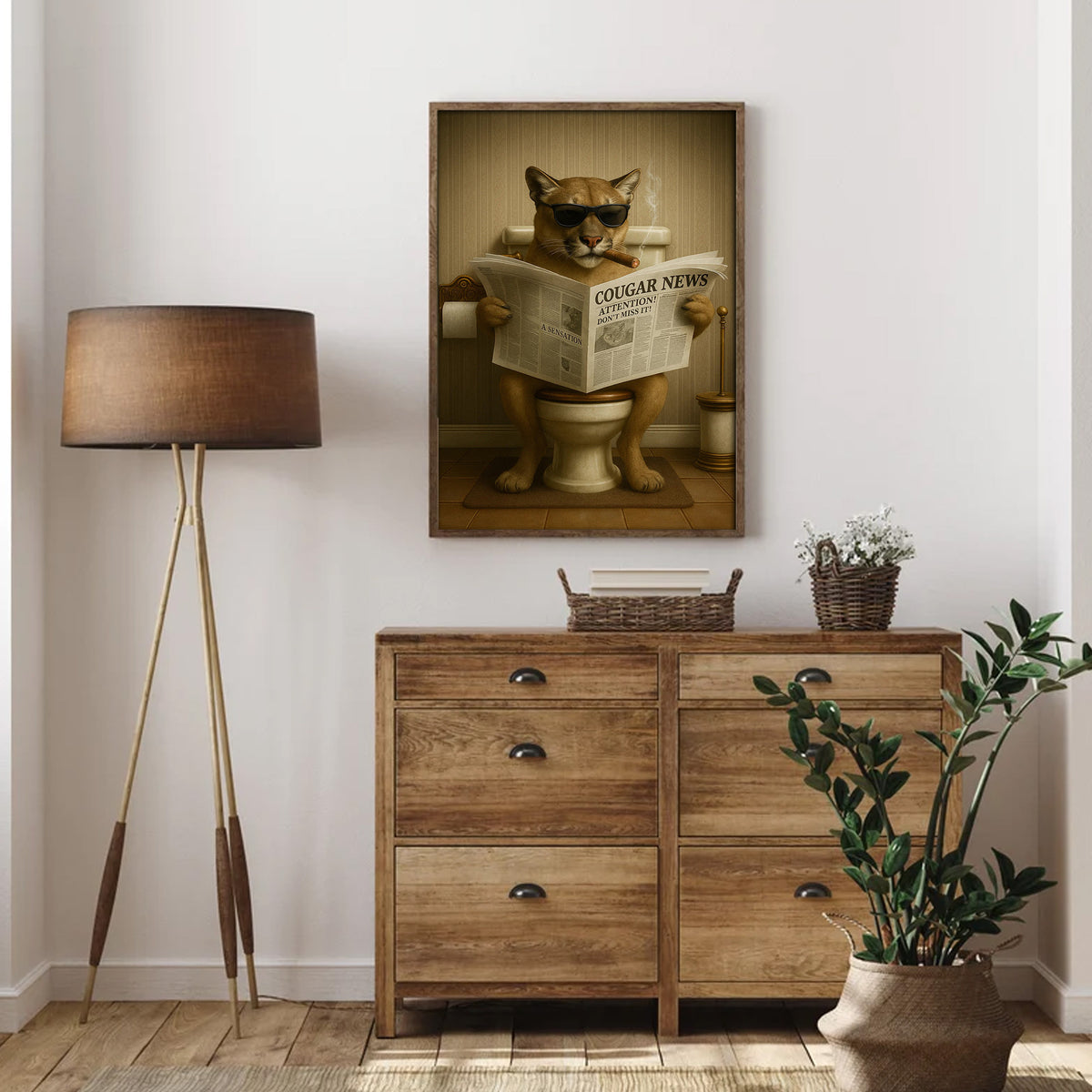 Funny Cougar Bathroom Canvas – Mountain Lion on Toilet Reading Newspaper - Rustic Cabin Decor