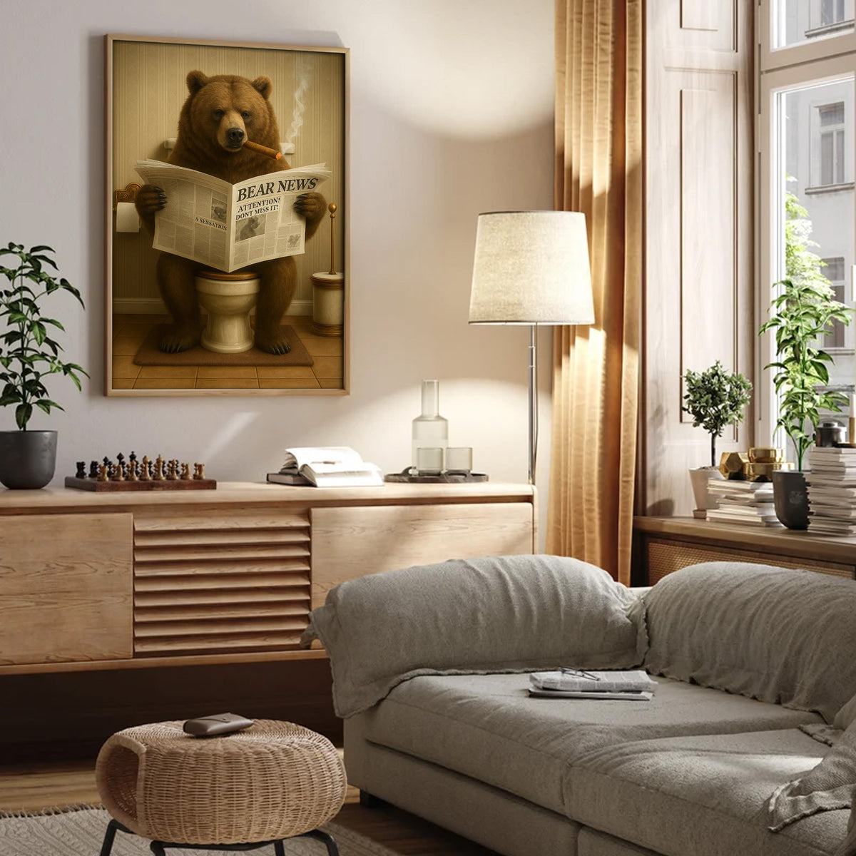 Grizzly Bear Bathroom Canvas – Funny Cabin Decor with Bear Hunting on Toilet Reading Newspaper
