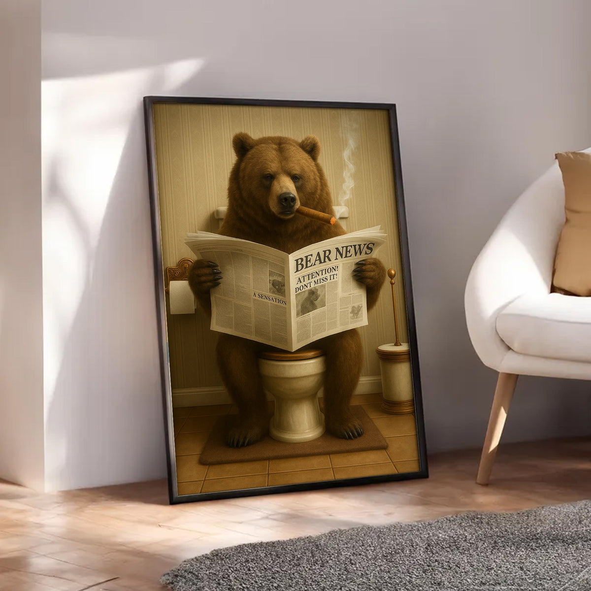 Grizzly Bear Bathroom Canvas – Funny Cabin Decor with Bear Hunting on Toilet Reading Newspaper