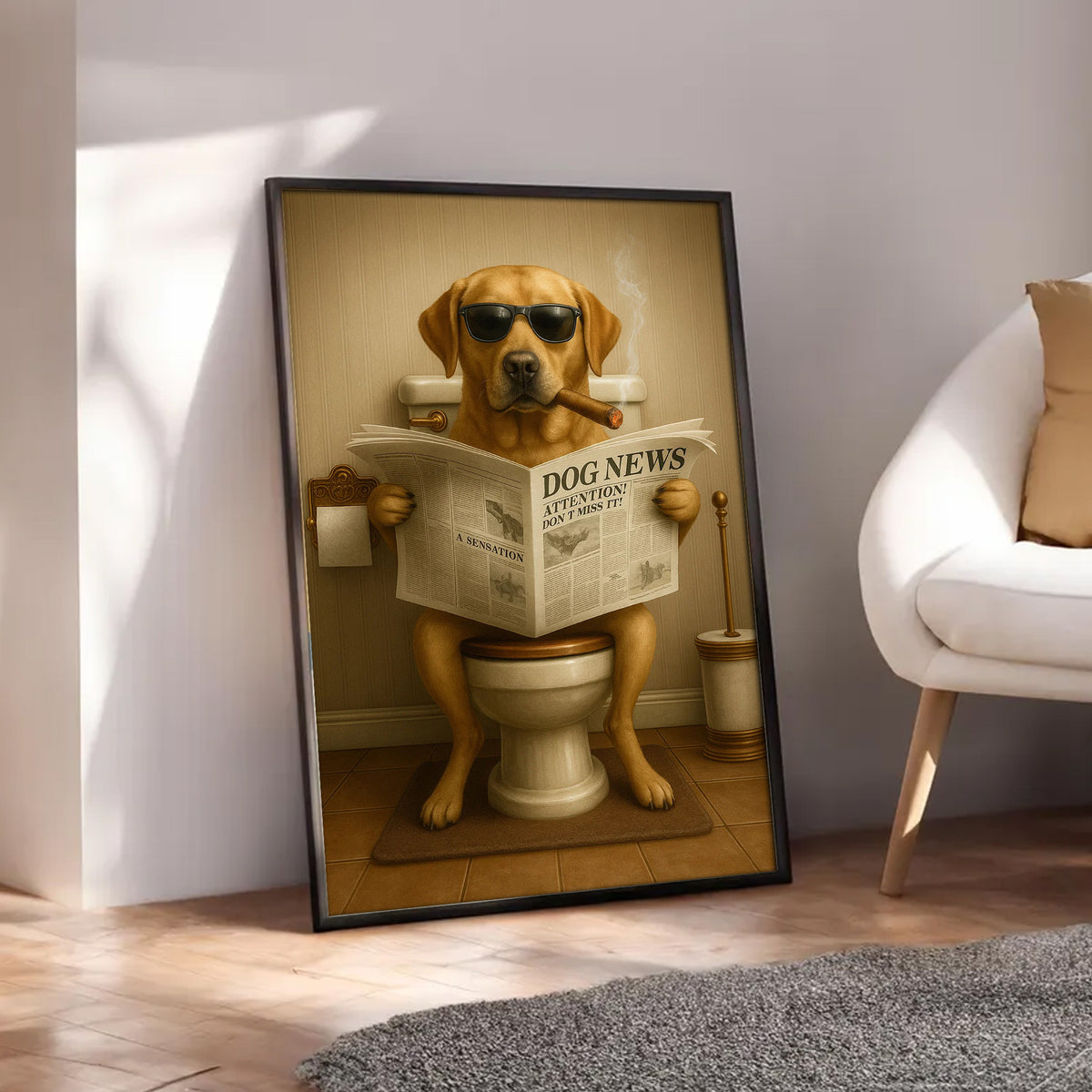 Funny Labrador Bathroom Poster Canvas – Dog on Toilet Reading Newspaper