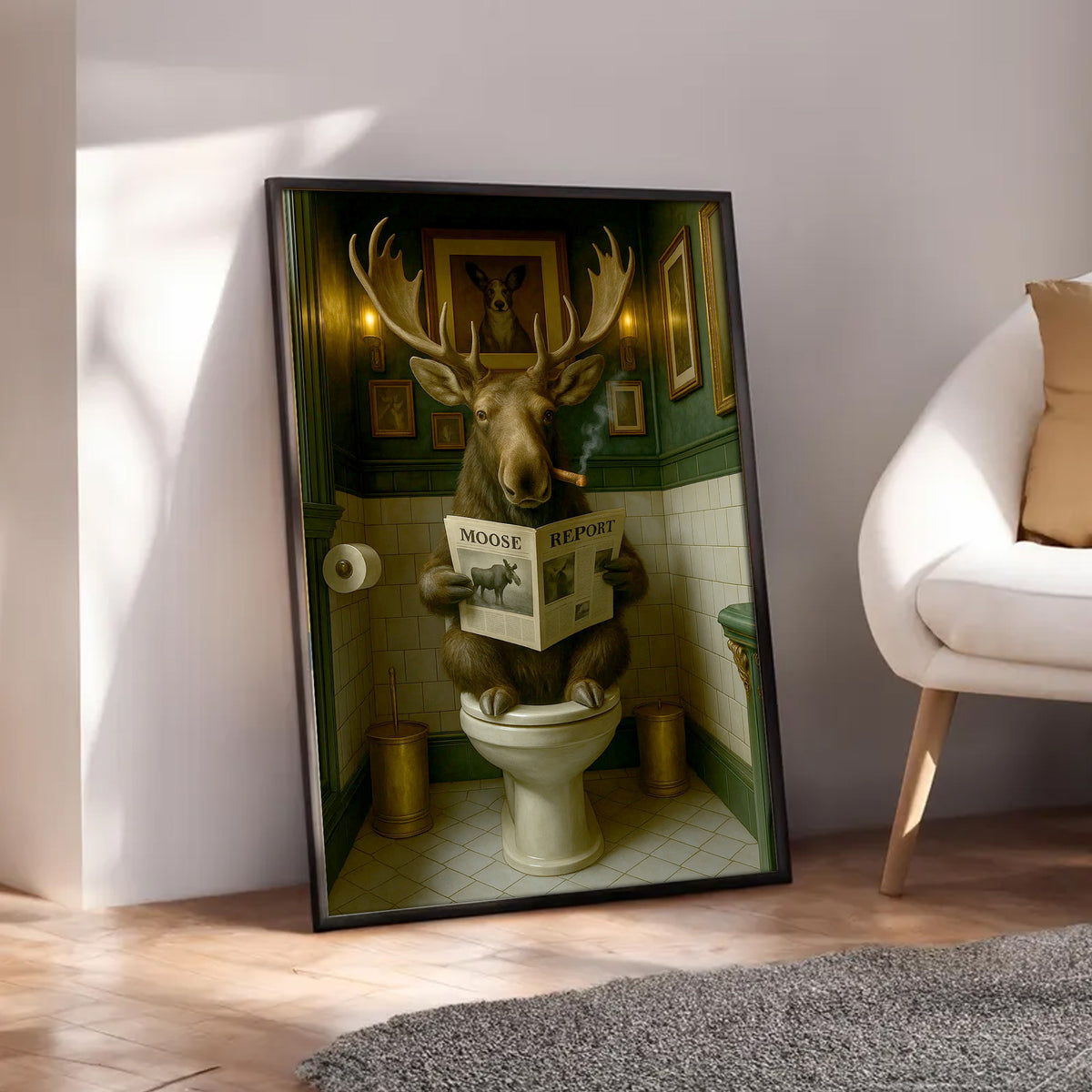 Funny Moose Bathroom Poster Canvas – Rustic Lodge Wall Art with Moose Reading ‘Moose Report’