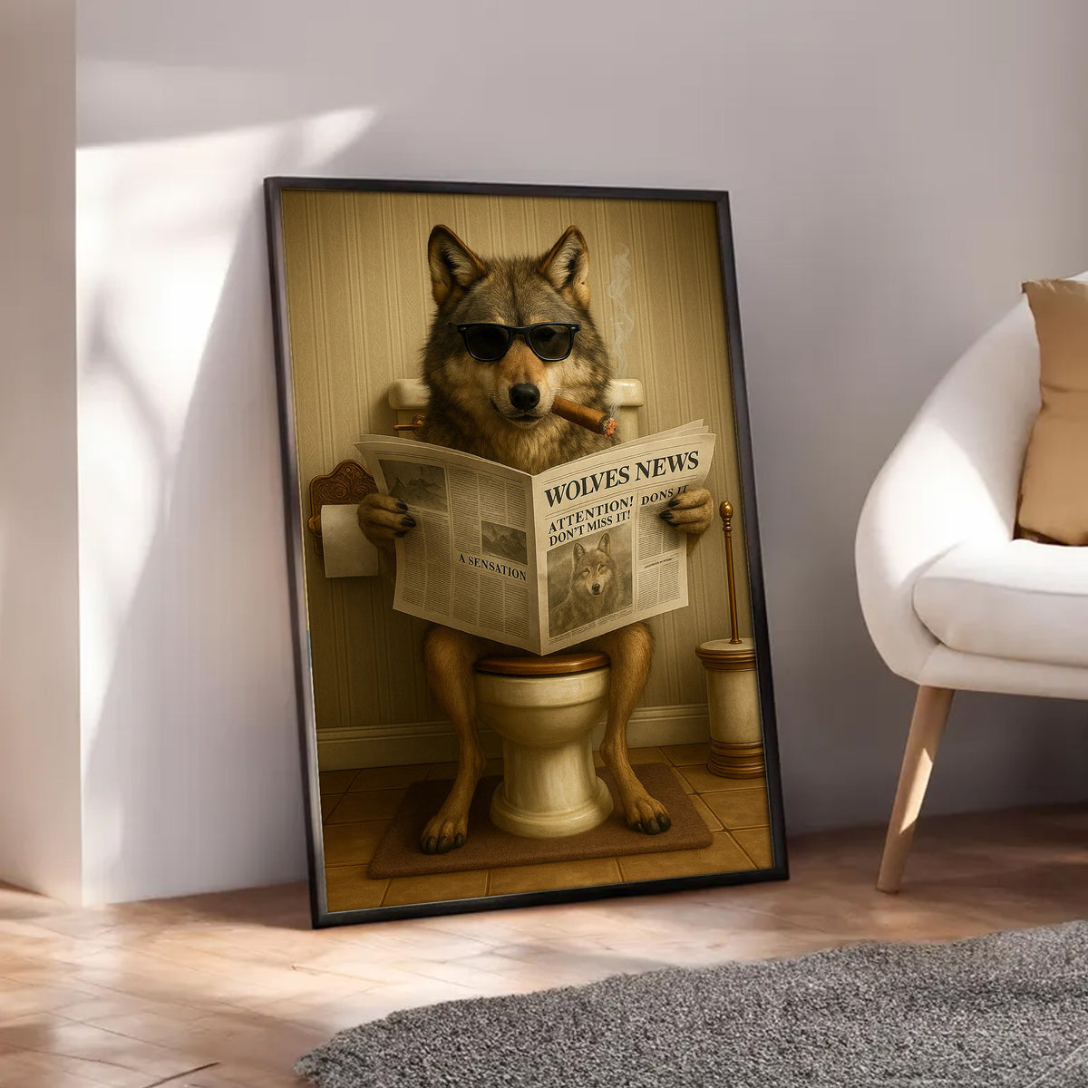 Funny Wolves News Poster Canvas – Hilarious Bathroom Scene with Cool Wolf on Toilet
