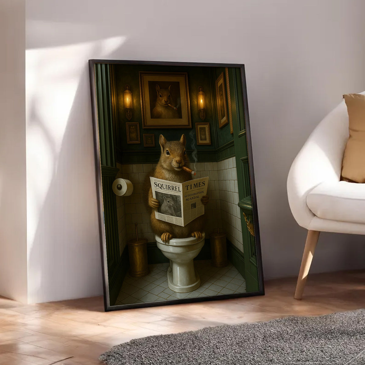 Funny Squirrel on Toilet Poster Canvas – Hilarious Wildlife Bathroom Scene - Lodge Humor Canvas