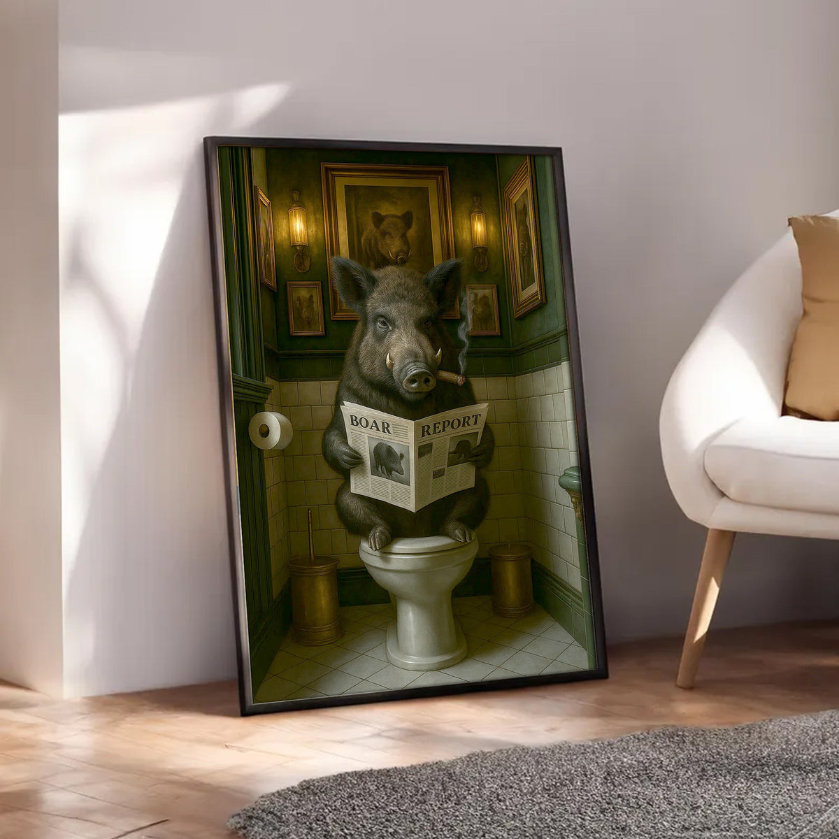 Funny Comical Wild Hog Poster – Smoking Boar on Toilet - Unique Rustic Gift for Hunters
