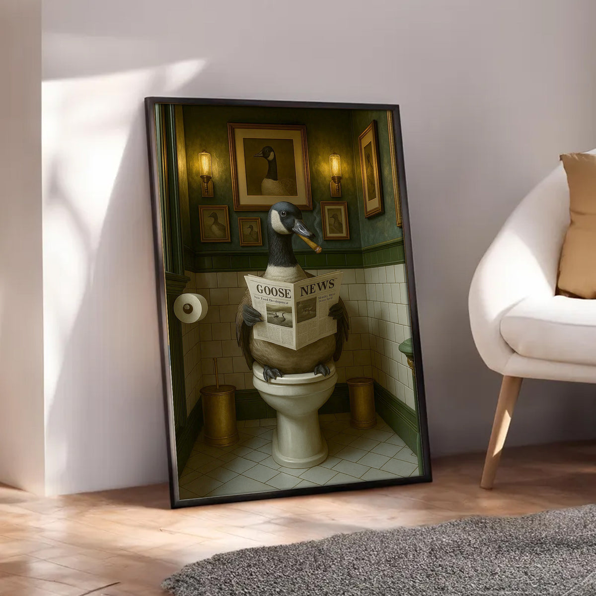 Funny Canada Goose Bathroom Poster – Rustic Cabin Wall Art, Goose Reading Newspaper on Toilet