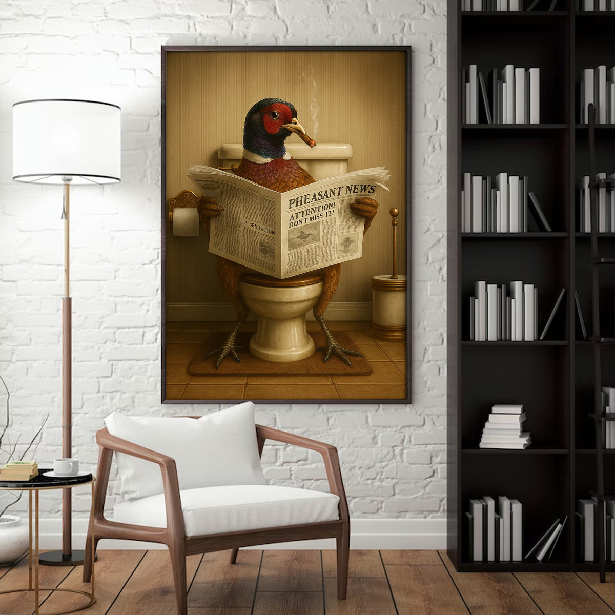 Pheasant Reading News Smoking Bathroom Wall Art – Rustic Decor for Men, Hilarious Gift for Hunter