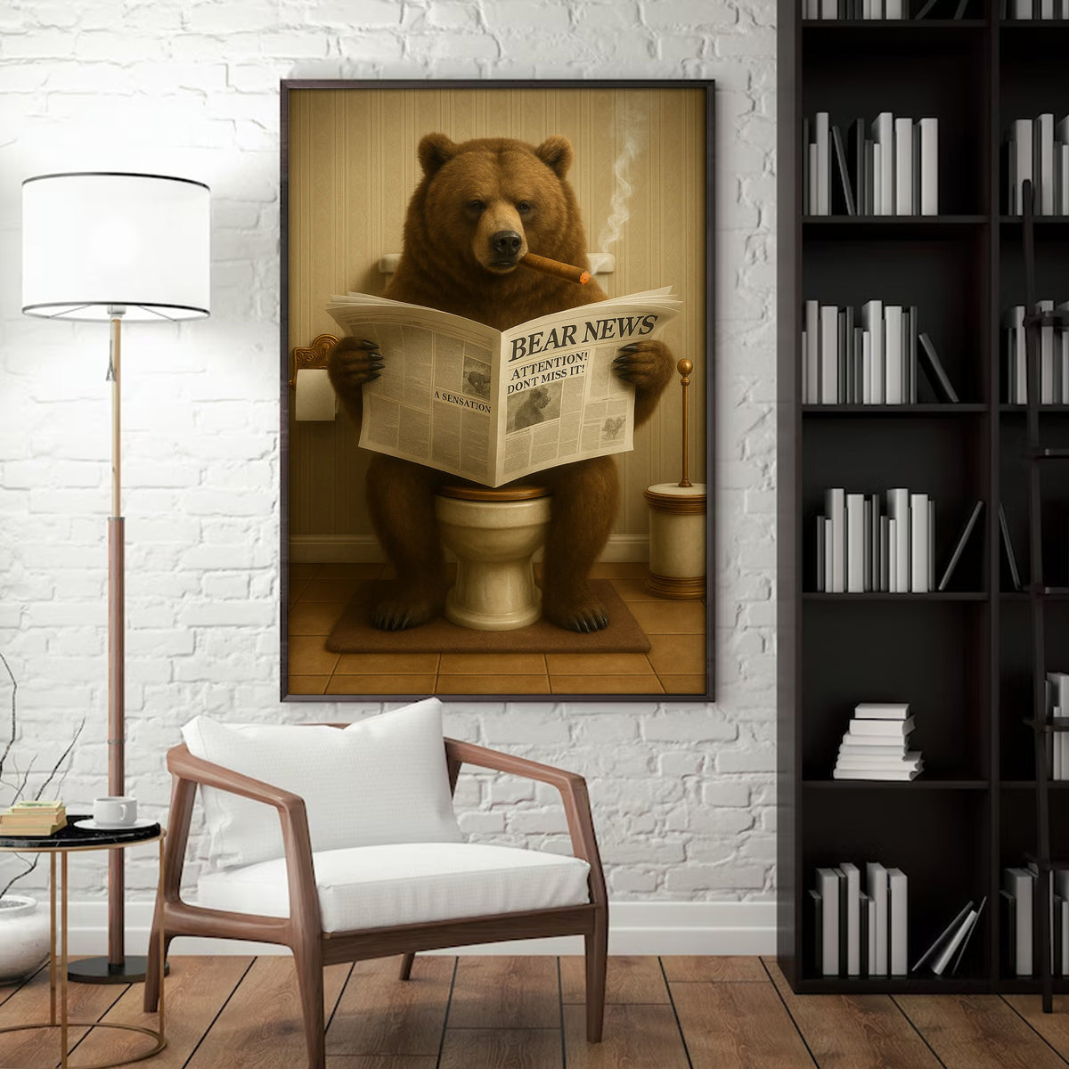 Grizzly Bear Bathroom Canvas – Funny Cabin Decor with Bear Hunting on Toilet Reading Newspaper