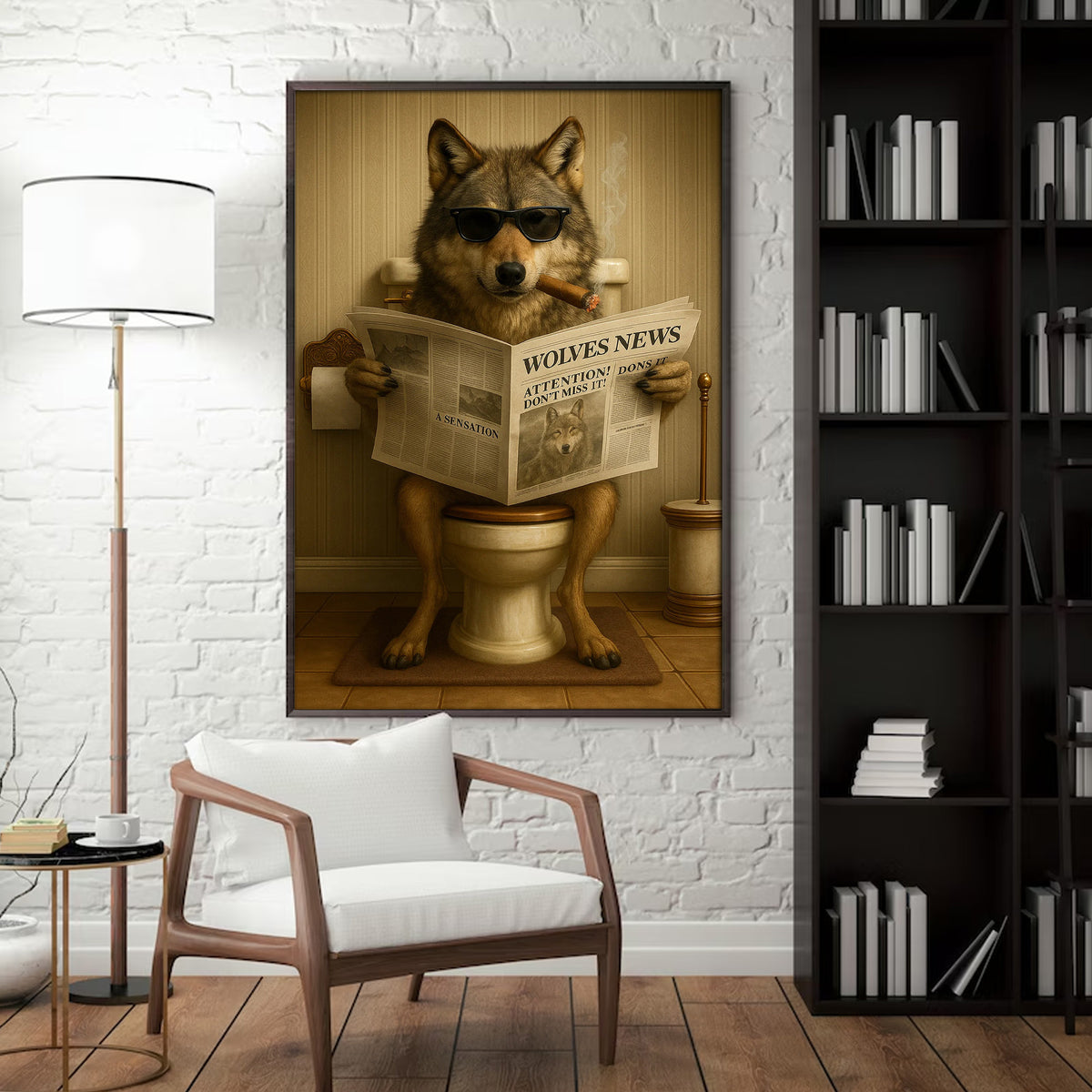 Funny Wolves News Poster Canvas – Hilarious Bathroom Scene with Cool Wolf on Toilet