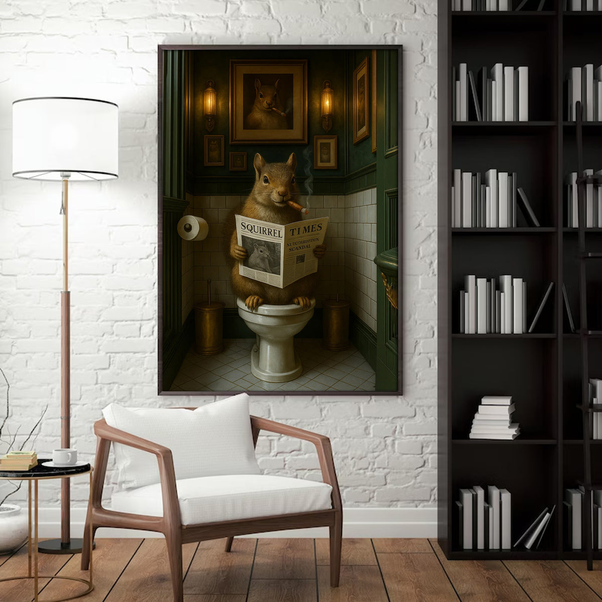 Funny Squirrel on Toilet Poster Canvas – Hilarious Wildlife Bathroom Scene - Lodge Humor Canvas