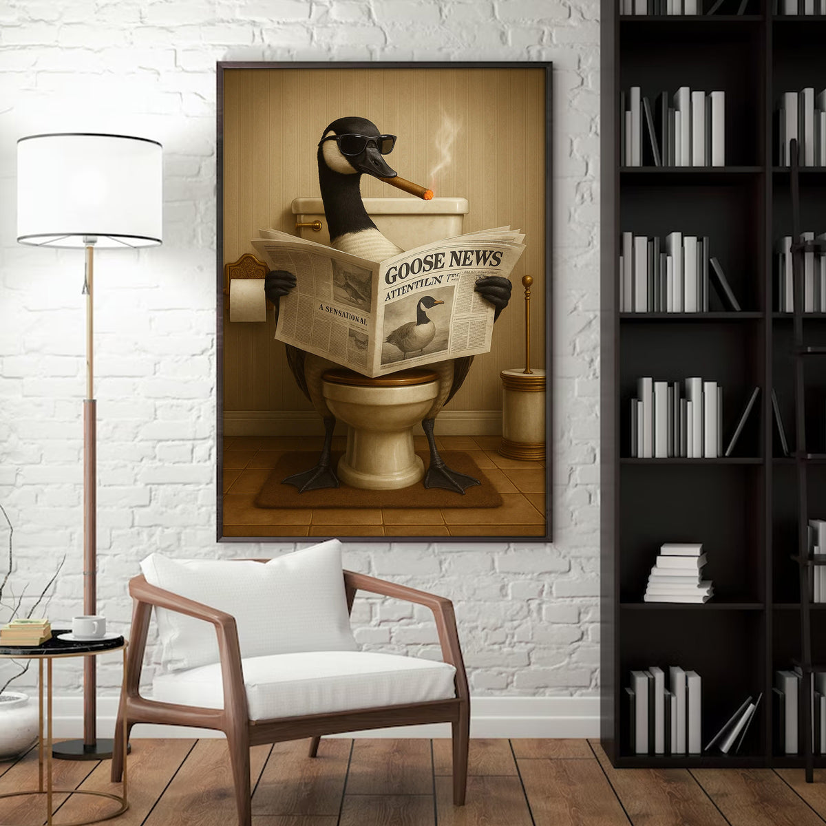 Funny Goose Read Newspaper Bathroom Canvas Wall Art – Hunting Wildlife Animal Canvas