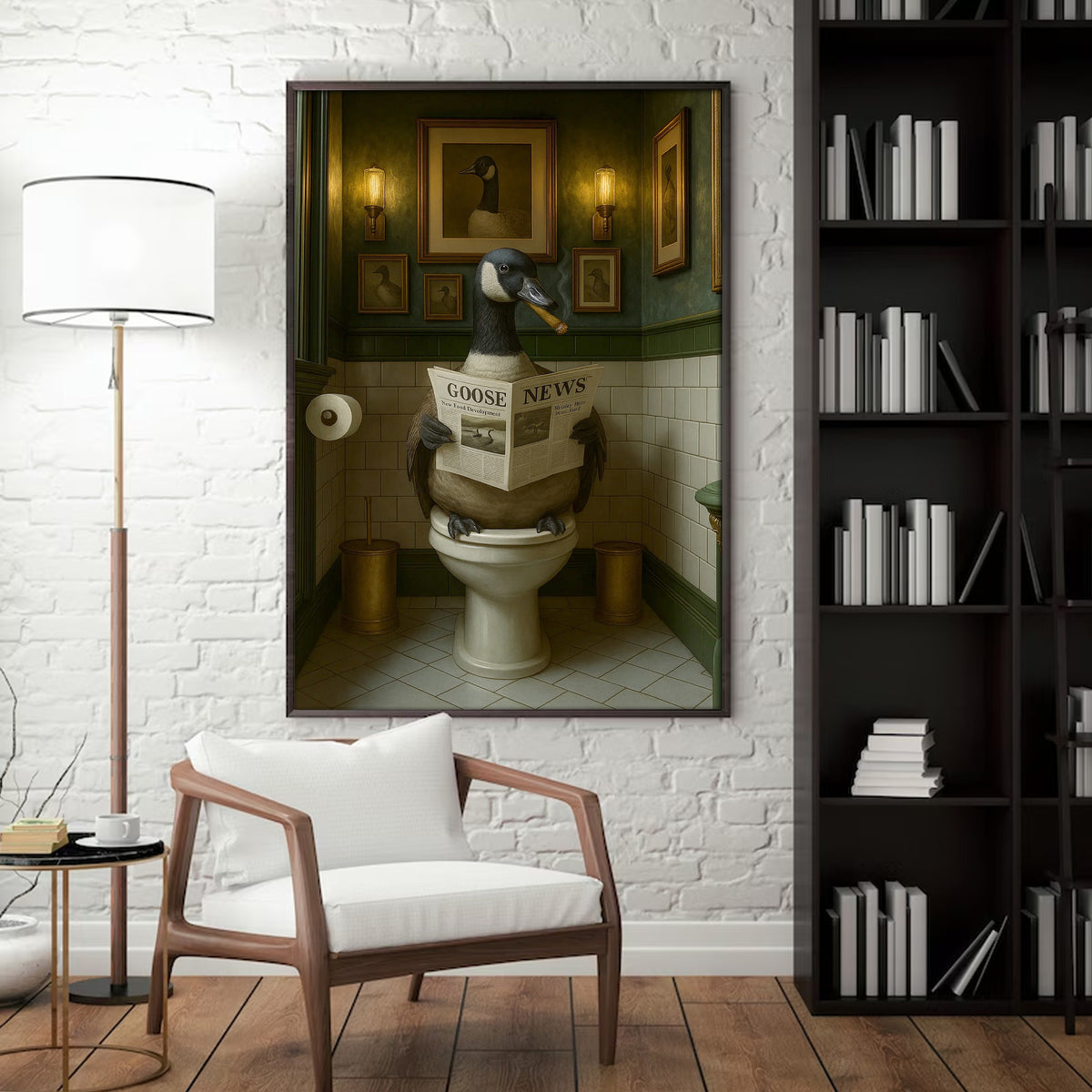 Funny Canada Goose Bathroom Poster – Rustic Cabin Wall Art, Goose Reading Newspaper on Toilet