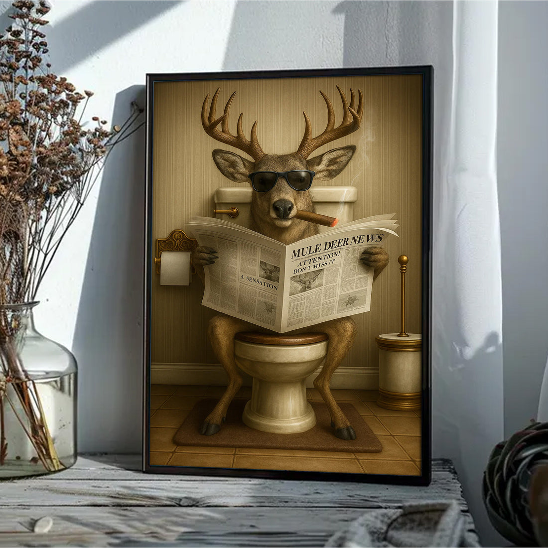 Funny Mule Deer Newspaper Bathroom Canvas Wall Art – Wildlife Animal Poster - Unique Gift for Hunters