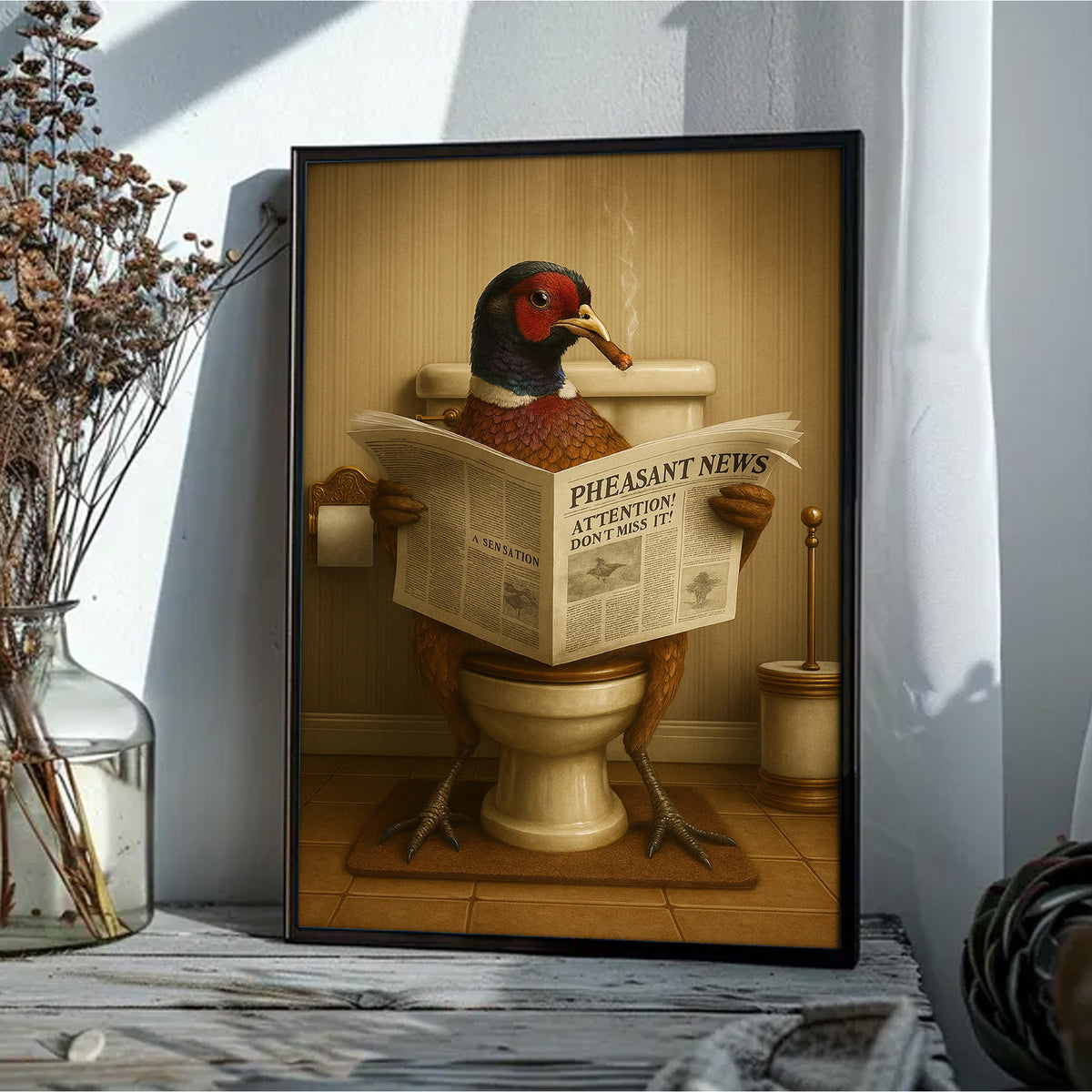 Pheasant Reading News Smoking Bathroom Wall Art – Rustic Decor for Men, Hilarious Gift for Hunter