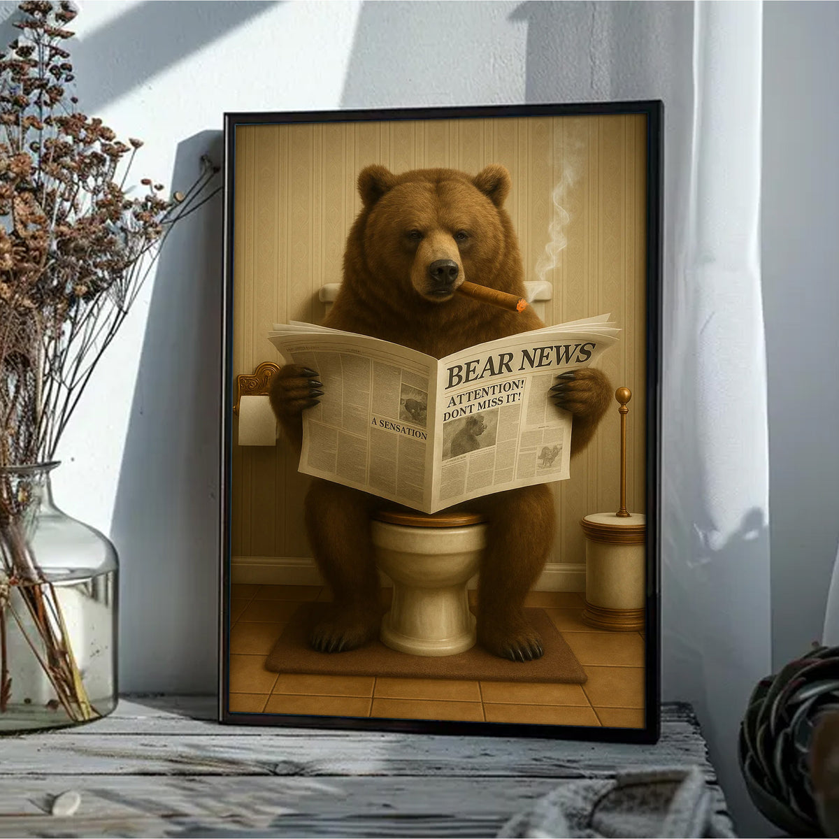 Grizzly Bear Bathroom Canvas – Funny Cabin Decor with Bear Hunting on Toilet Reading Newspaper