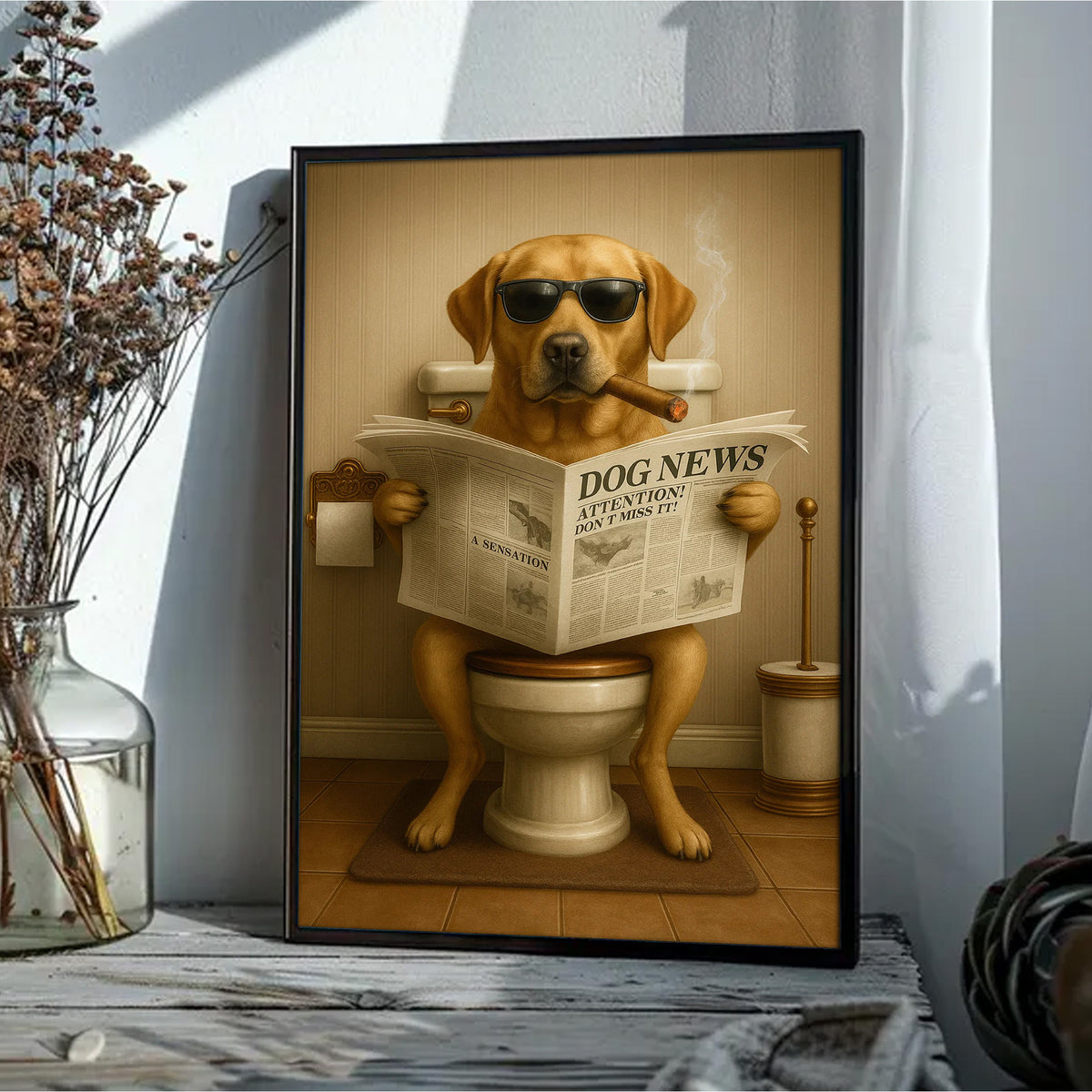 Funny Labrador Bathroom Poster Canvas – Dog on Toilet Reading Newspaper
