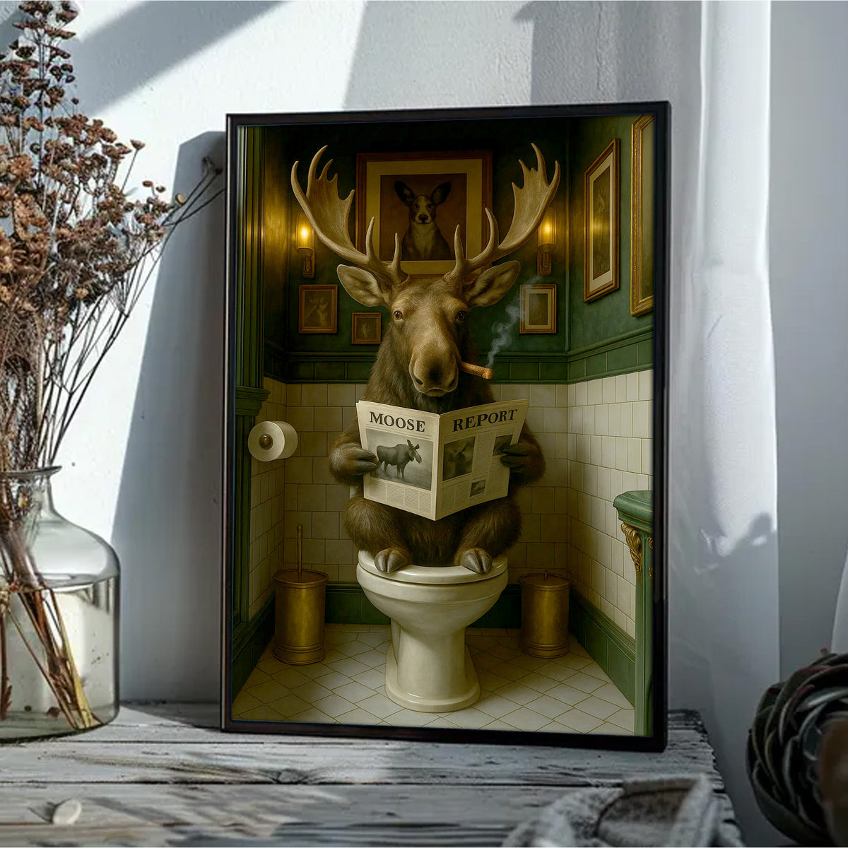 Funny Moose Bathroom Poster Canvas – Rustic Lodge Wall Art with Moose Reading ‘Moose Report’