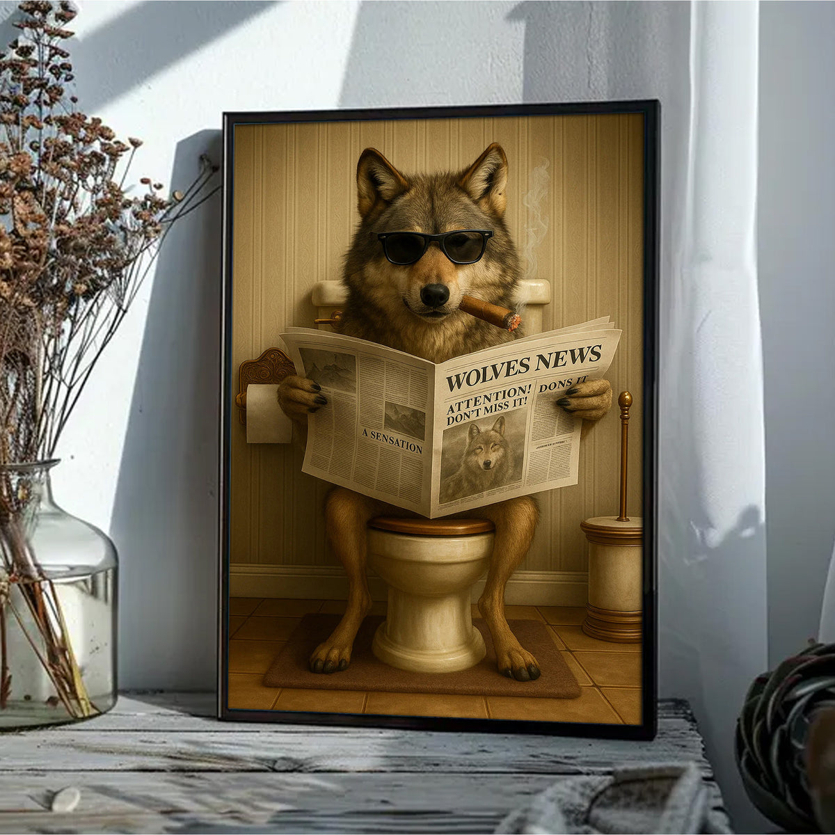 Funny Wolves News Poster Canvas – Hilarious Bathroom Scene with Cool Wolf on Toilet