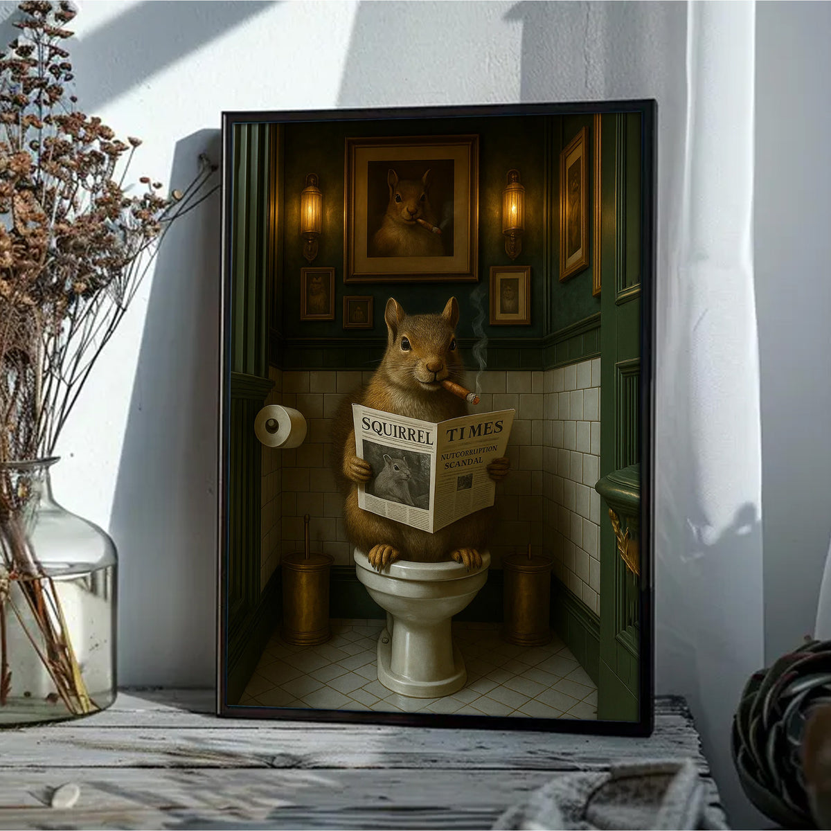 Funny Squirrel on Toilet Poster Canvas – Hilarious Wildlife Bathroom Scene - Lodge Humor Canvas