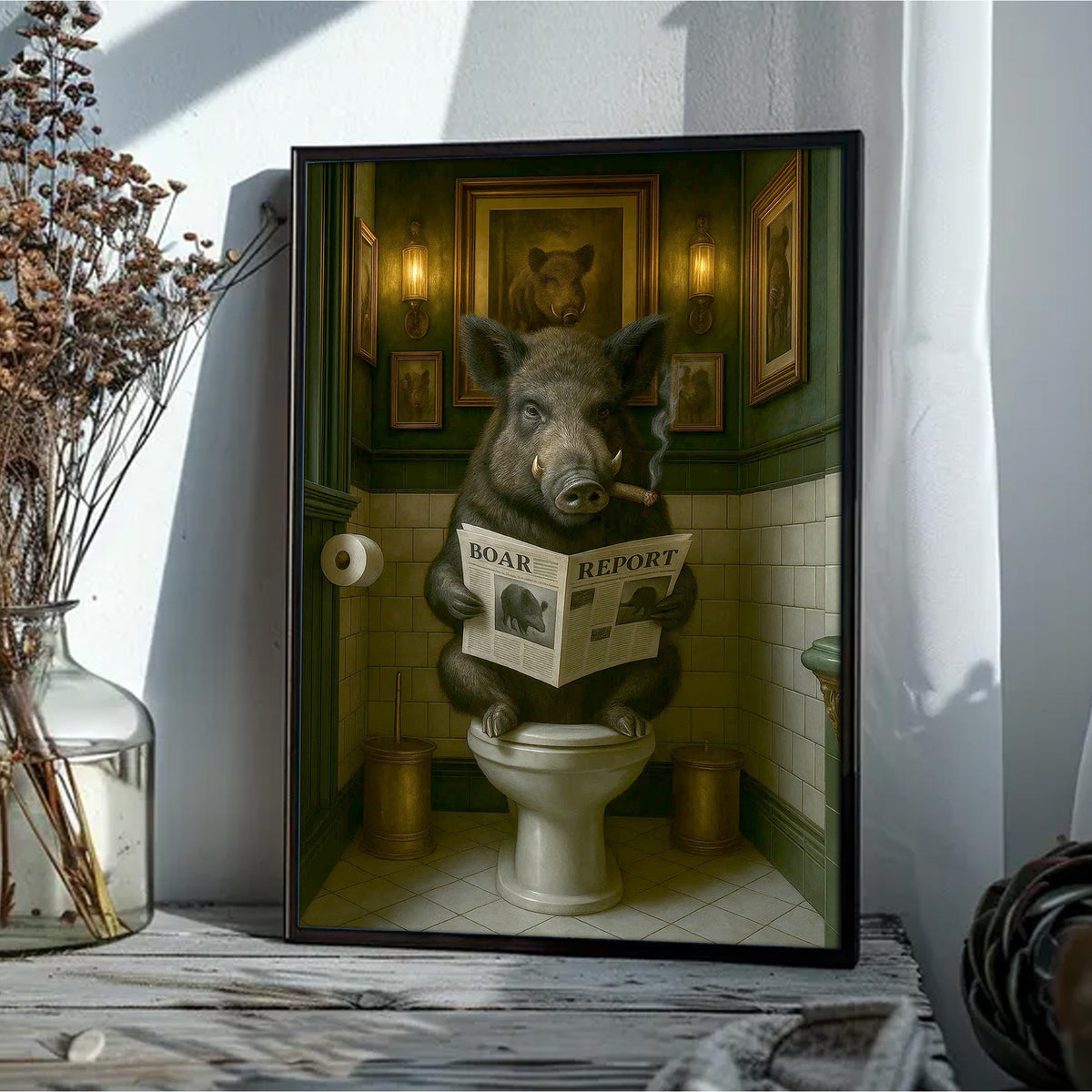 Funny Comical Wild Hog Poster – Smoking Boar on Toilet - Unique Rustic Gift for Hunters