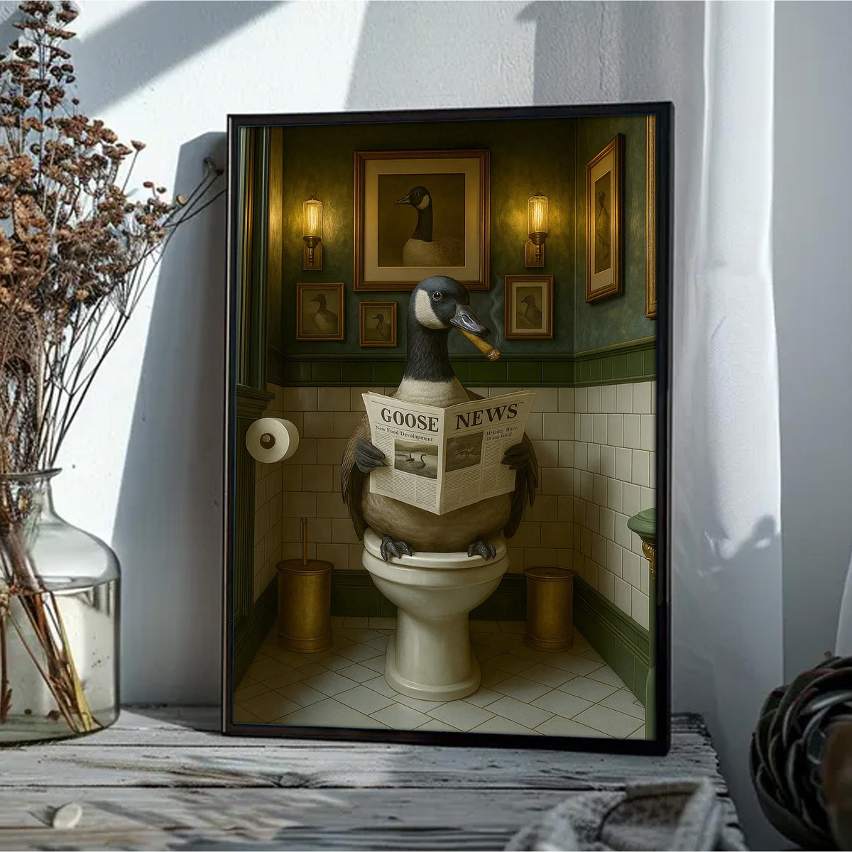Funny Canada Goose Bathroom Poster – Rustic Cabin Wall Art, Goose Reading Newspaper on Toilet