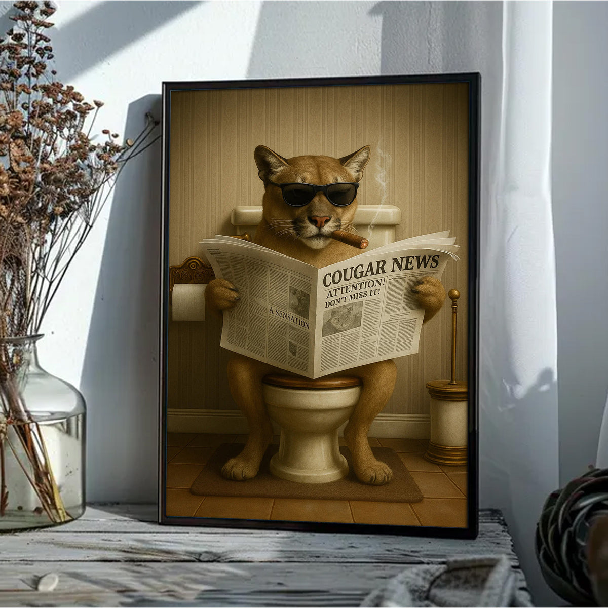 Funny Cougar Bathroom Canvas – Mountain Lion on Toilet Reading Newspaper - Rustic Cabin Decor