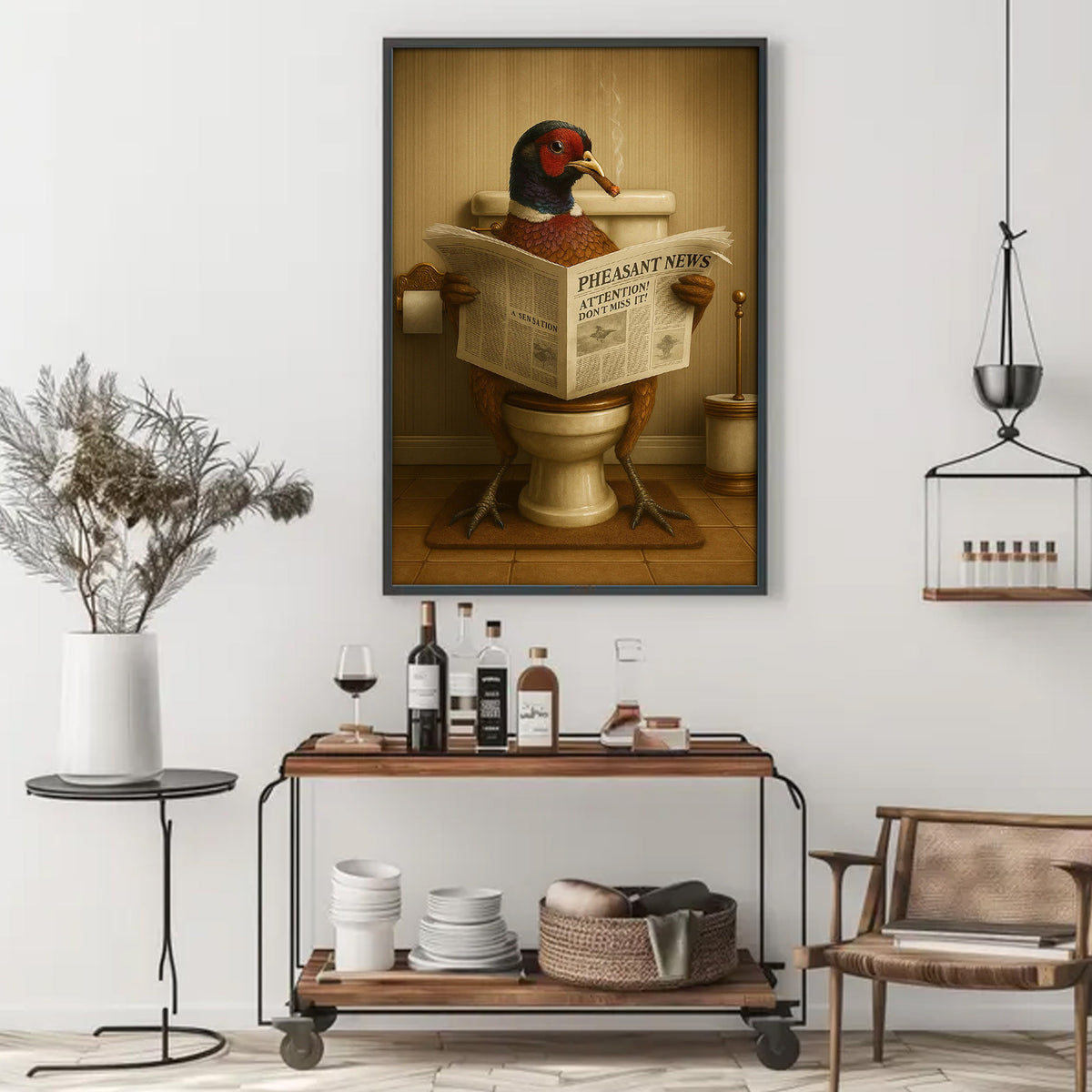 Pheasant Reading News Smoking Bathroom Wall Art – Rustic Decor for Men, Hilarious Gift for Hunter