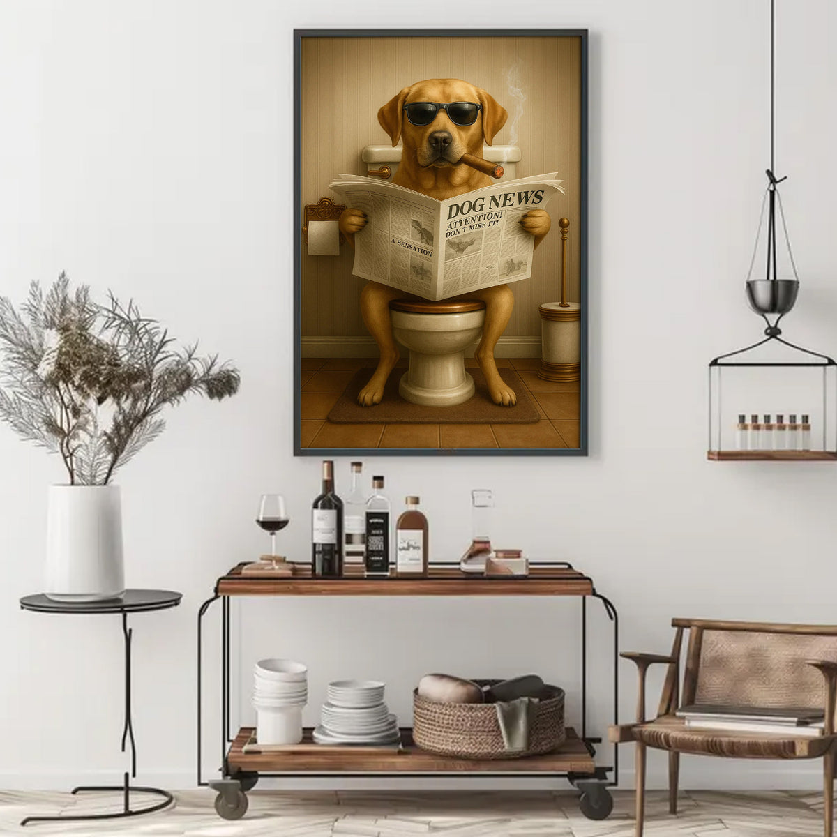 Funny Labrador Bathroom Poster Canvas – Dog on Toilet Reading Newspaper