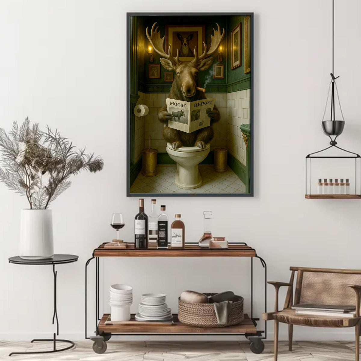 Funny Moose Bathroom Poster Canvas – Rustic Lodge Wall Art with Moose Reading ‘Moose Report’