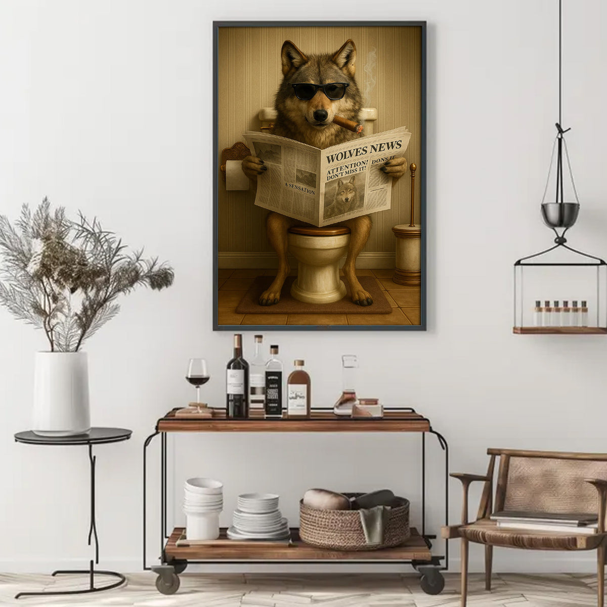 Funny Wolves News Poster Canvas – Hilarious Bathroom Scene with Cool Wolf on Toilet