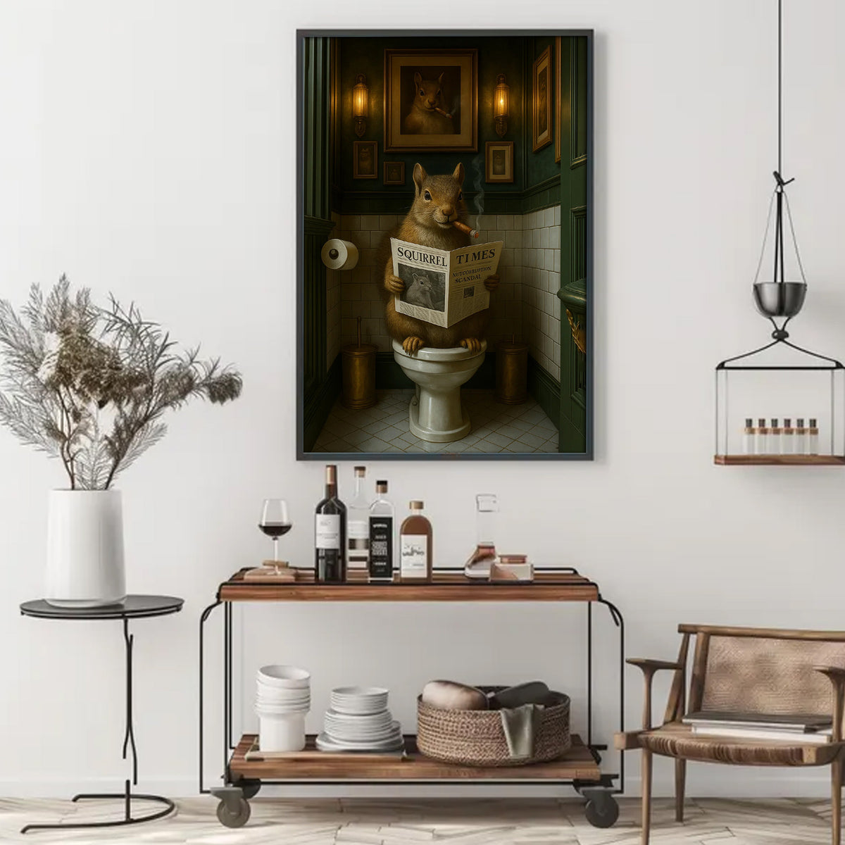 Funny Squirrel on Toilet Poster Canvas – Hilarious Wildlife Bathroom Scene - Lodge Humor Canvas