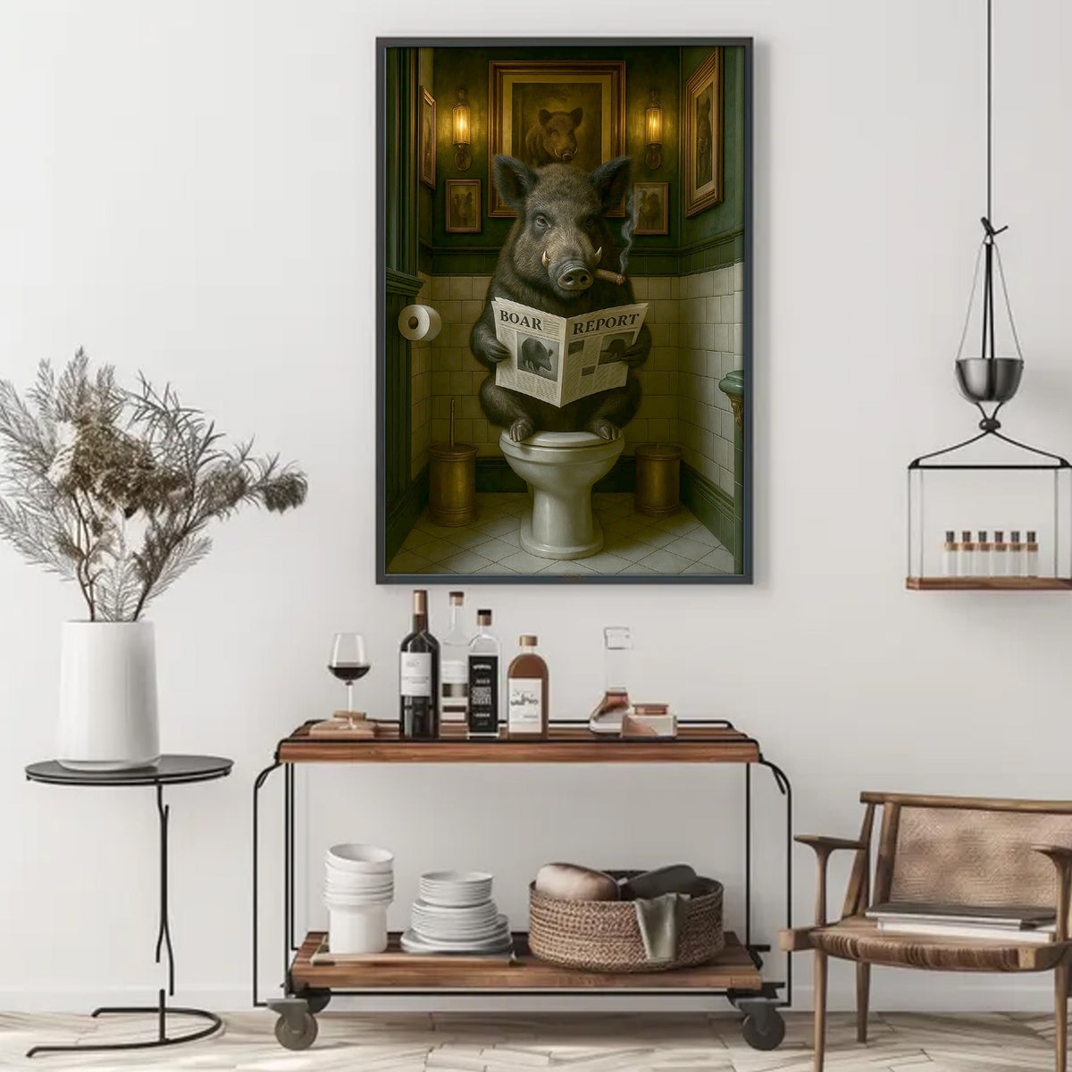 Funny Comical Wild Hog Poster – Smoking Boar on Toilet - Unique Rustic Gift for Hunters