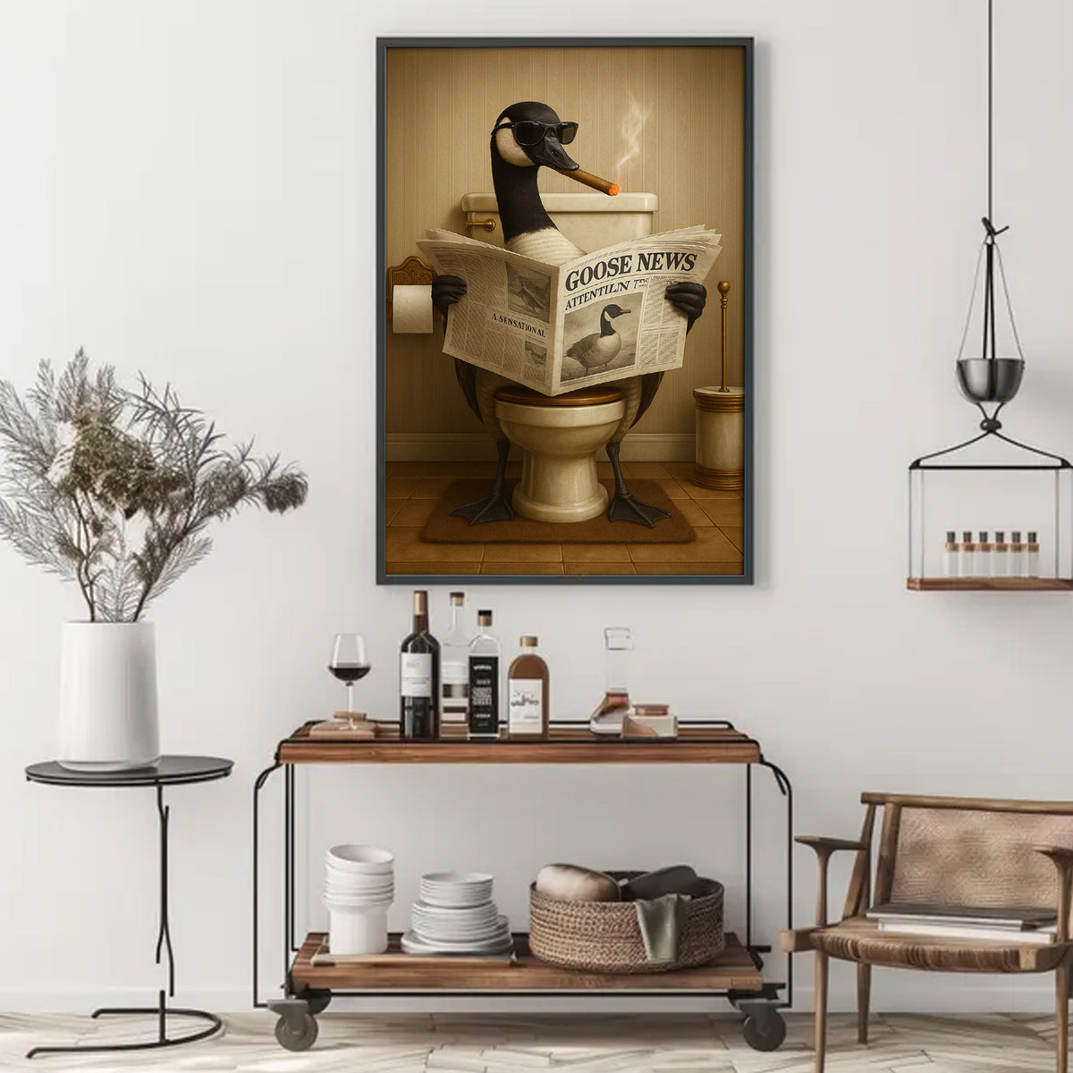 Funny Goose Read Newspaper Bathroom Canvas Wall Art – Hunting Wildlife Animal Canvas