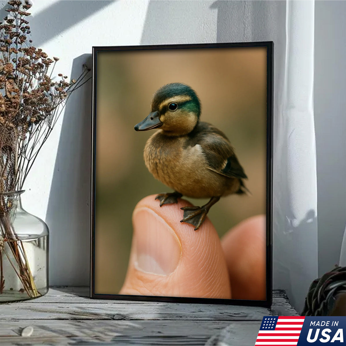 Cute Baby Duck Canvas Wall Art - Adorable Duckling Perched on Finger