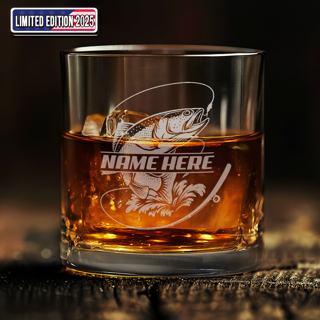 Custom Name Trout Fishing Whiskey Glass – Personalized Engraved Fly Fisherman Gift