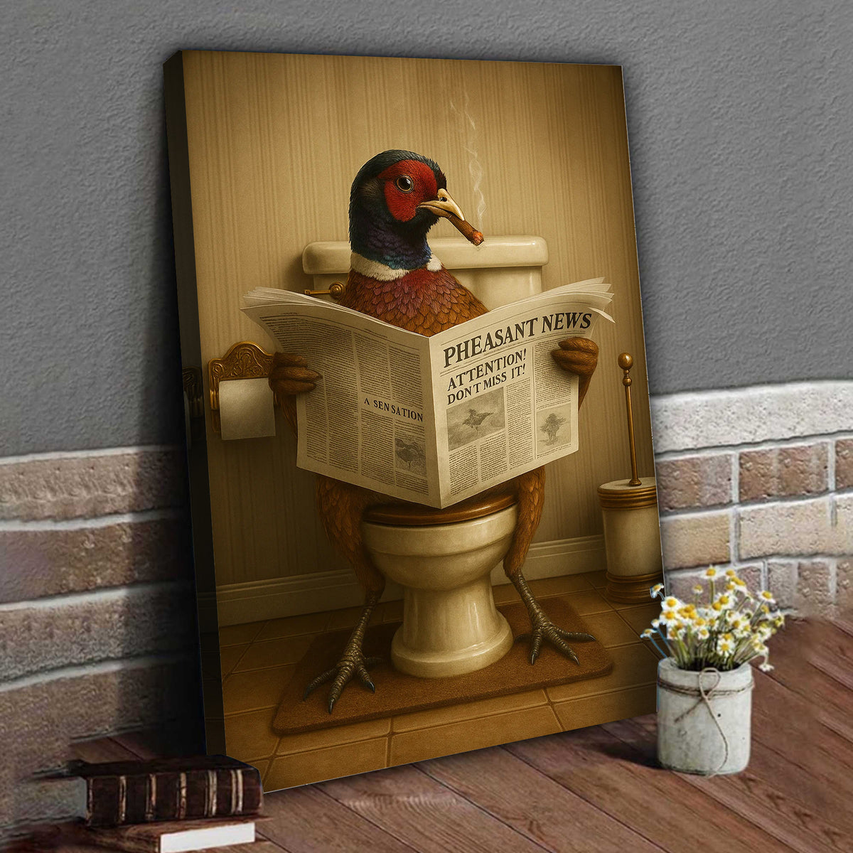 Pheasant Reading News Smoking Bathroom Wall Art – Rustic Decor for Men, Hilarious Gift for Hunter